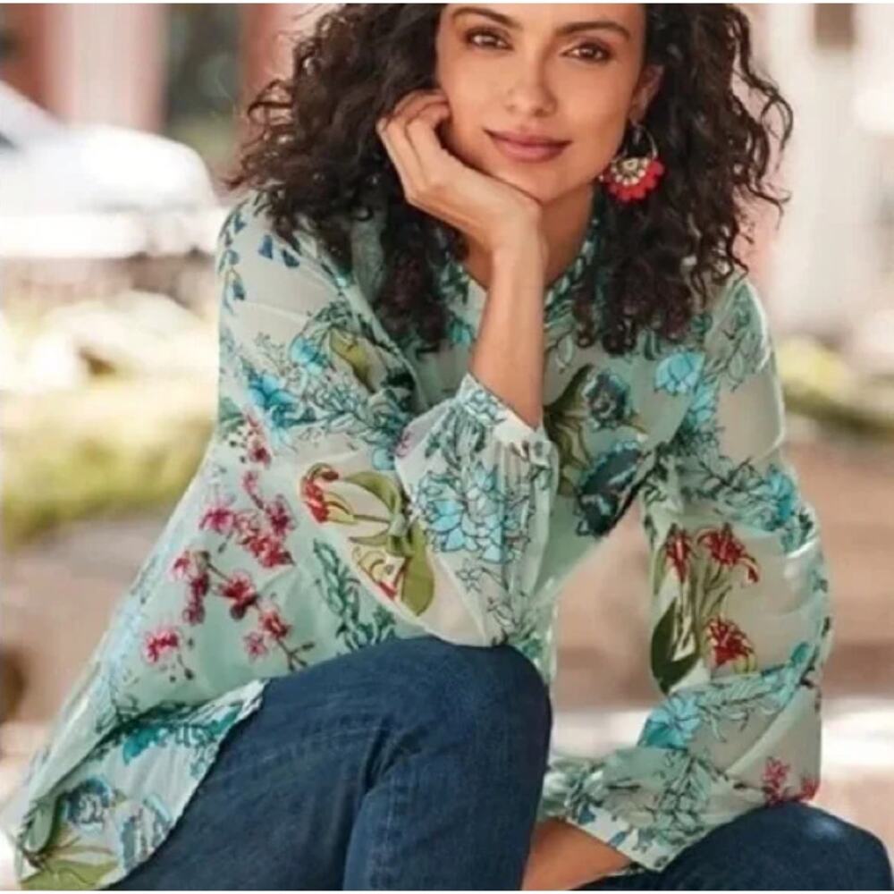 Soft Surroundings Floral Burnout Velvet Sheer Blouse XL Boho - Picture 2 of 11